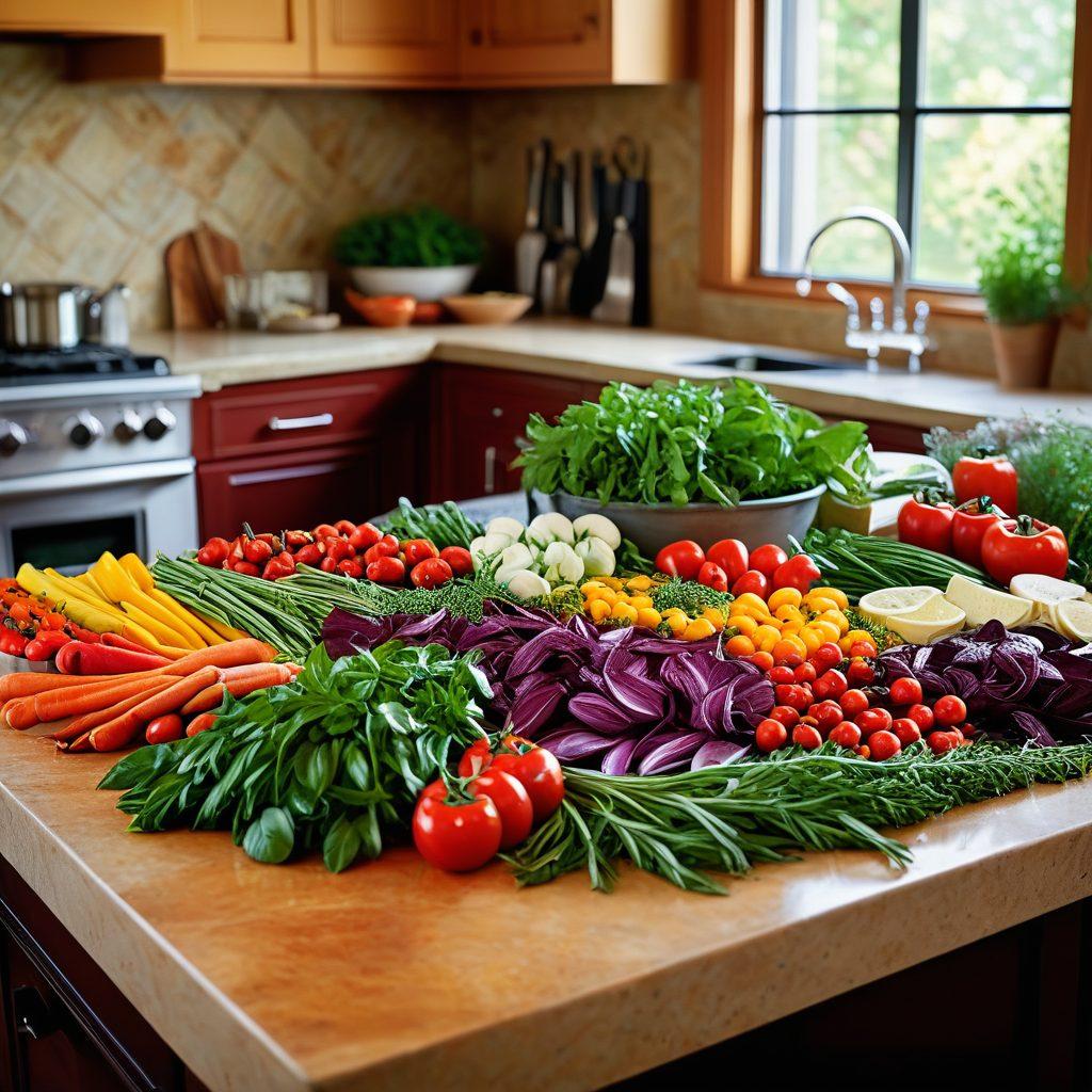 A beautifully arranged kitchen countertop showcasing vibrant gourmet ingredients like fresh herbs, spices, and colorful vegetables, with a skilled chef in stylish attire demonstrating a cooking technique. The background features elegant kitchen tools and a hint of a gourmet dish being plated. Warm, inviting lighting enhances the scene, emphasizing creativity and passion in home cooking. super-realistic. vibrant colors.