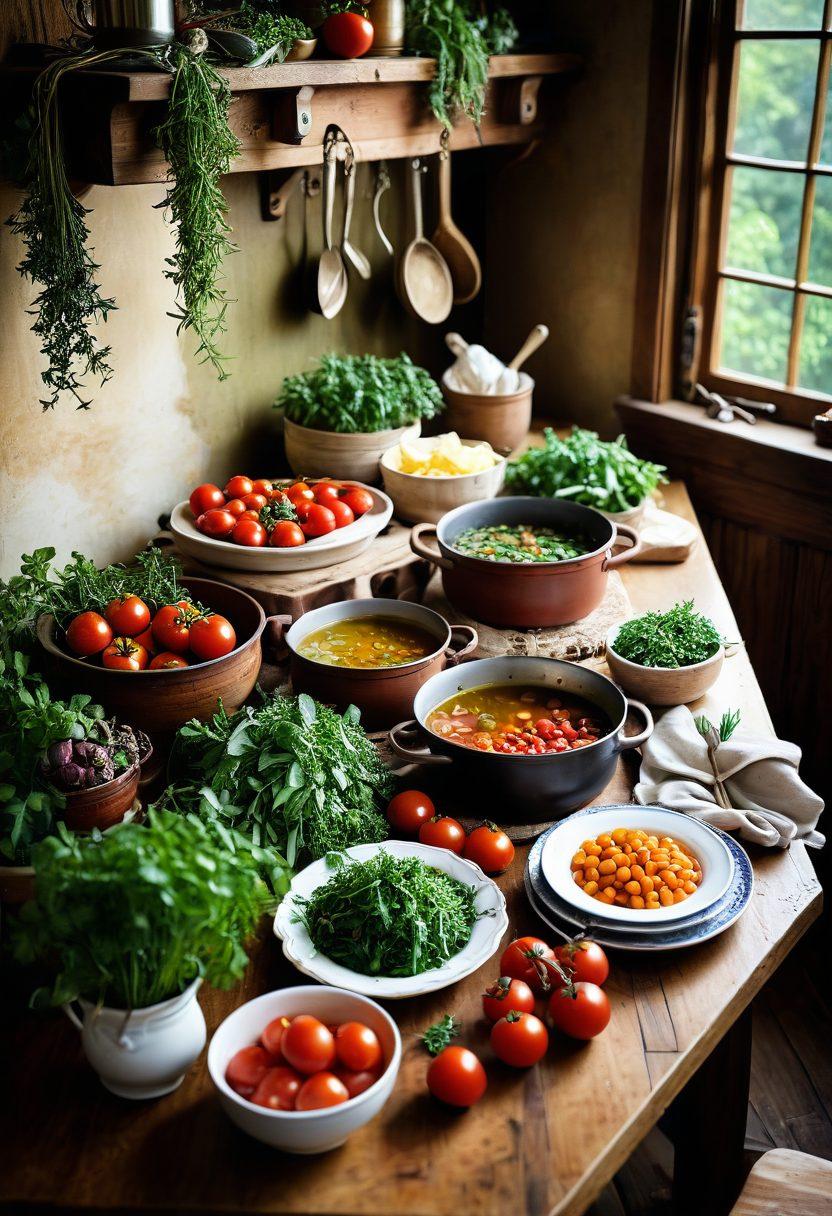 A beautifully arranged wooden table filled with a variety of colorful seasonal ingredients, such as ripe tomatoes, vibrant greens, and fresh herbs, alongside a steaming pot of soup and an open cookbook with handwritten notes. Soft, warm lighting highlights the textures of the food, inviting warm family gatherings. The background features a rustic kitchen with hanging herbs and cooking utensils. super-realistic. vibrant colors. warm lighting.